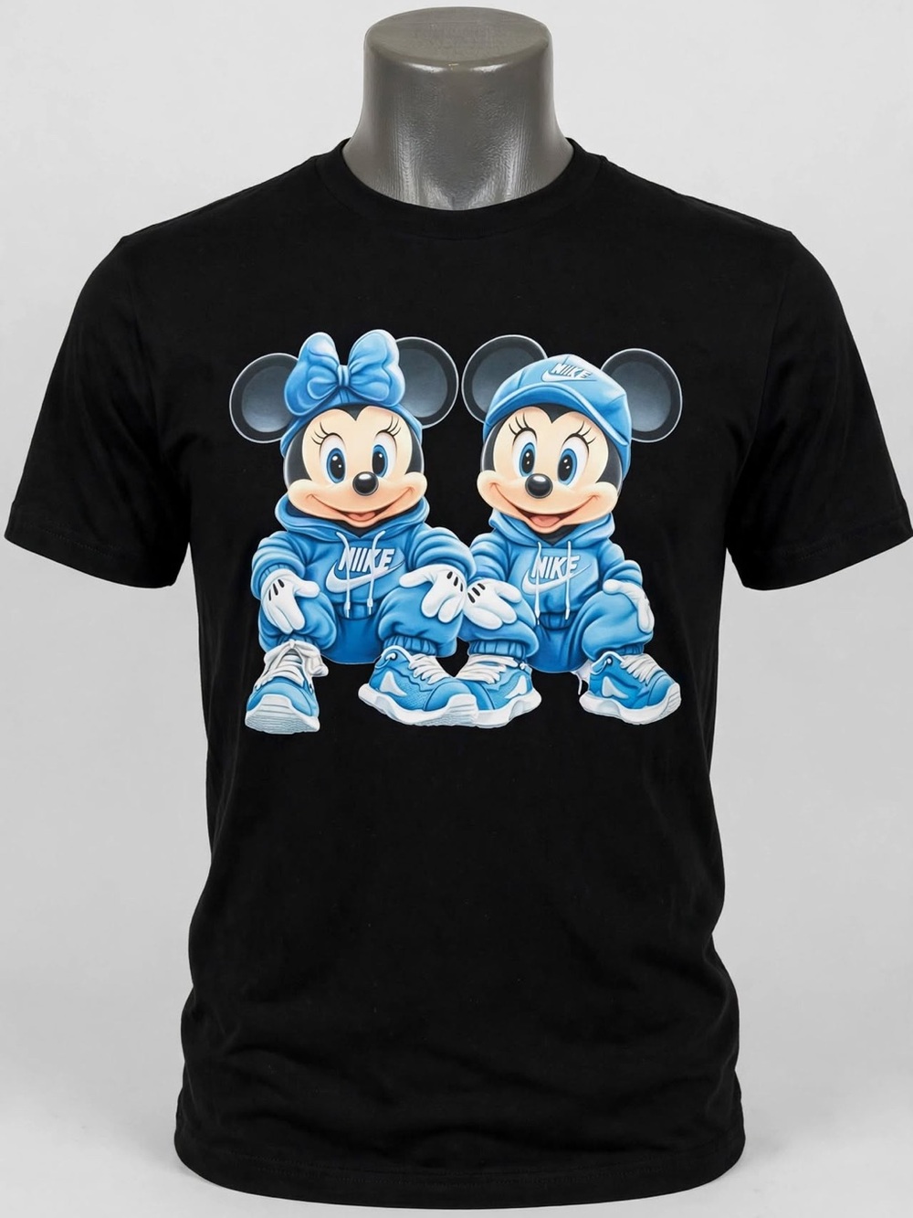 Ice Blue Black Tee with Cartoon  Graphic